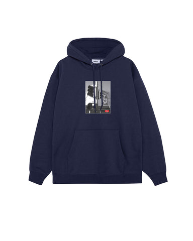 Navy blue hoodie with a graphic design on a white background