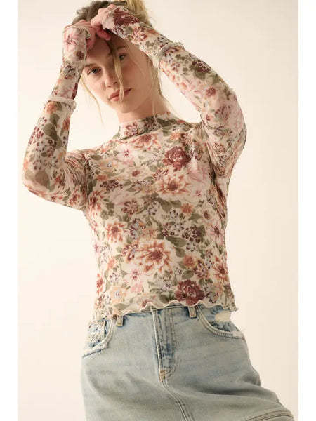 Floral Mesh Lettuce-Edge High-Neck Top