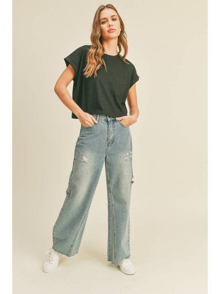Round Neck Cuffed Sleeve Top