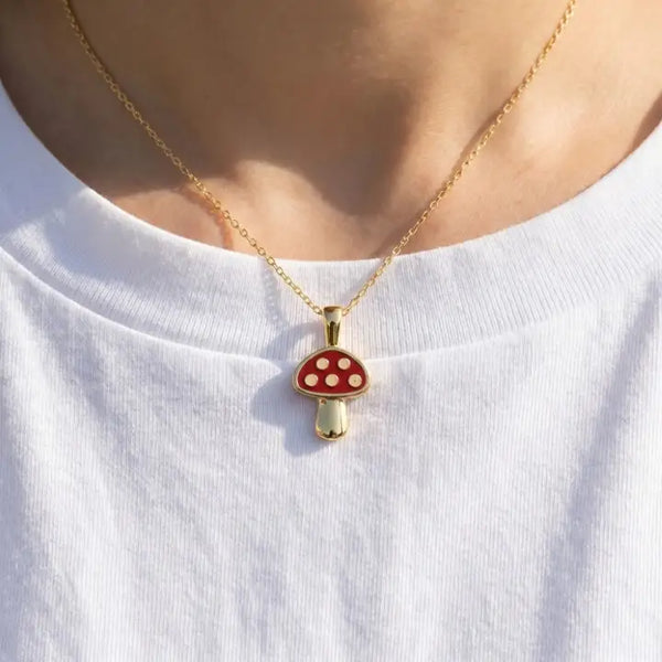 Red Mushroom Pendant Necklace-Silver