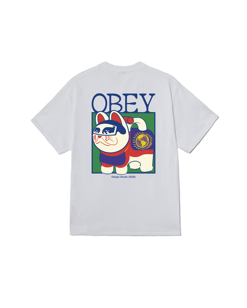 White short-sleeve t-shirt showing the back graphic print with the word 'OBEY' and a stylized maneki-neko cat illustration in blue, red, green, and white.
