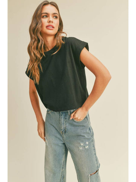 Round Neck Cuffed Sleeve Top