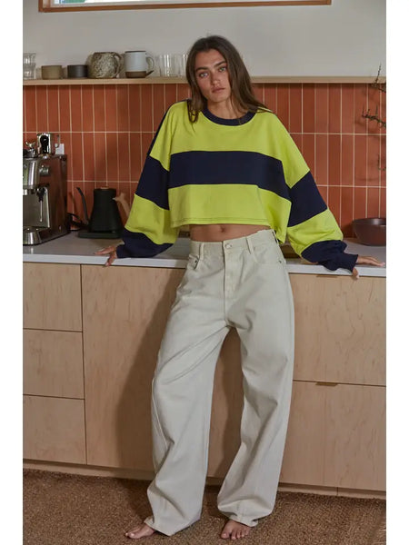 Knit Cotton Striped Cropped Pullover Top