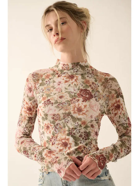 Floral Mesh Lettuce-Edge High-Neck Top