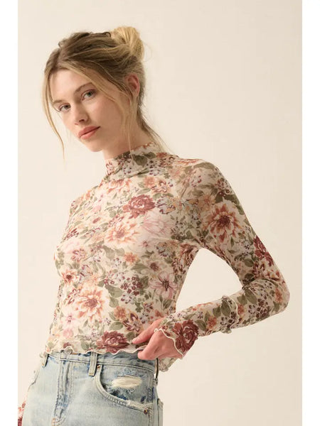 Floral Mesh Lettuce-Edge High-Neck Top