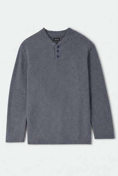 A dark slate blue long-sleeve henley sweater with three buttons on the collar, displayed flat against a light gray background.