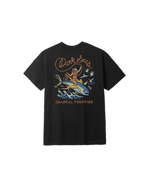 Black t-shirt with a graphic design on the back on a white background