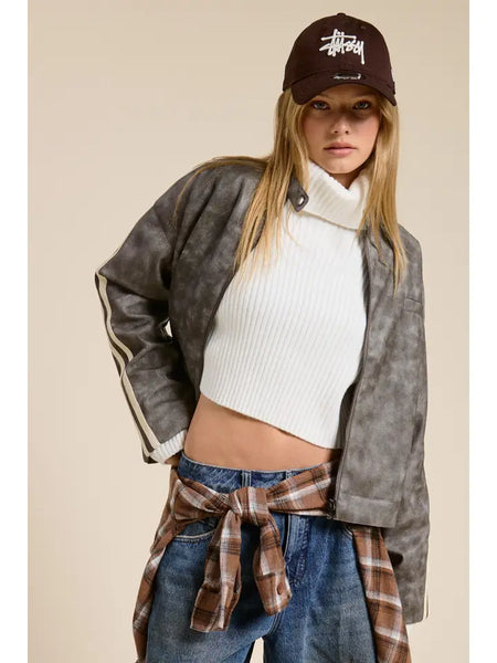 Washed Faux Leather Moto Jacket