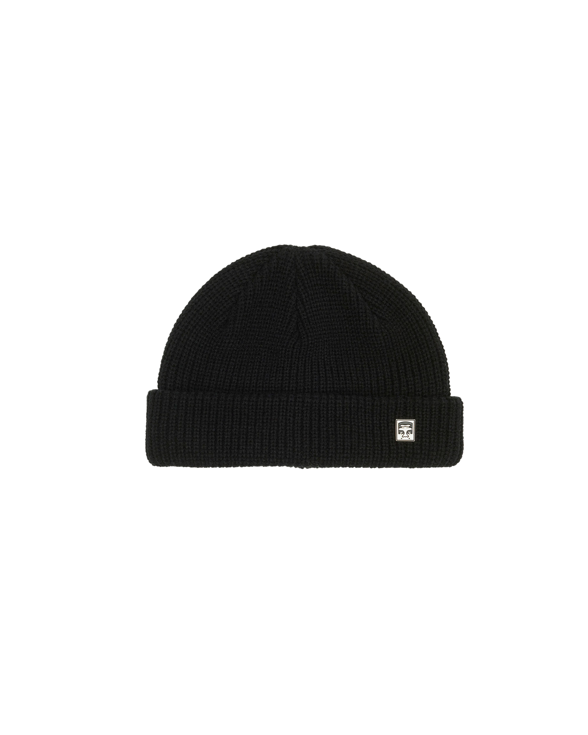 Black beanie with a small logo on a white background
