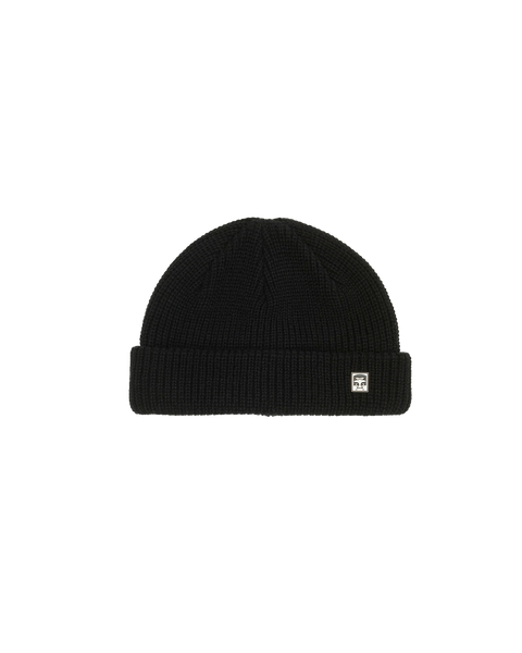 Black beanie with a small logo on a white background