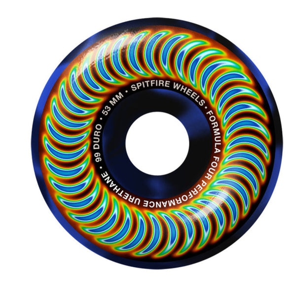 Colorful skateboard wheel with blue rim on a white background
