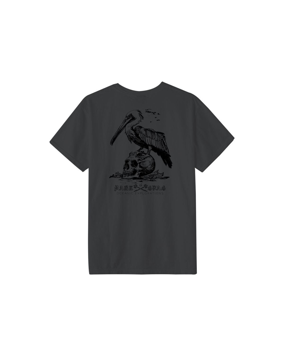 Black t-shirt with a graphic design on the back against a white background