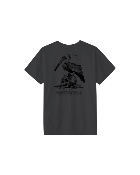 Black t-shirt with a graphic design on the back against a white background