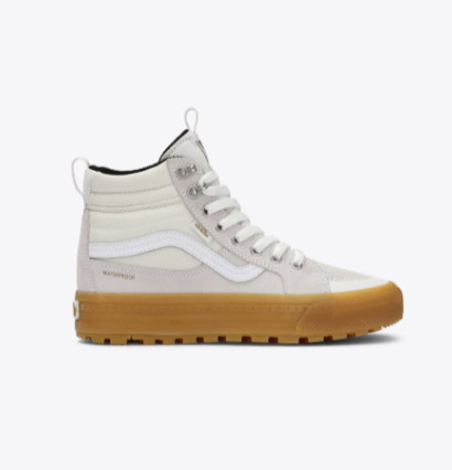 White high-top sneaker with brown sole on a white background