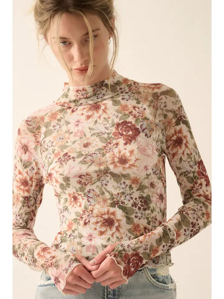 Floral Mesh Lettuce-Edge High-Neck Top