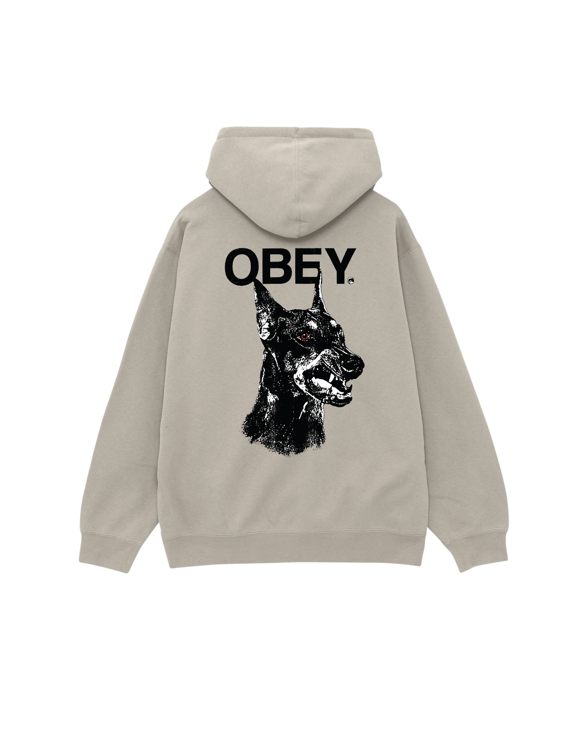 Beige hoodie with 'OBEY' logo and dog graphic on a white background