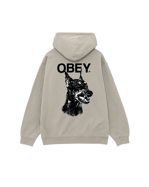 Beige hoodie with 'OBEY' logo and dog graphic on a white background