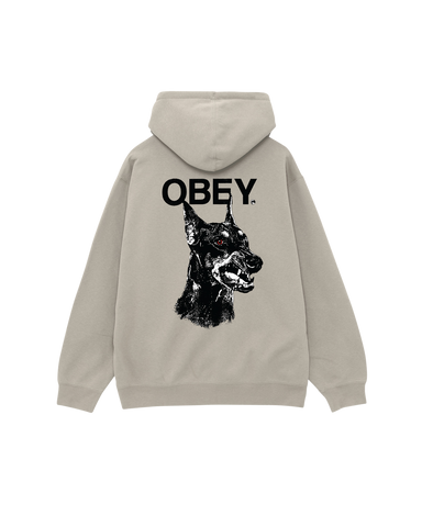 Beige hoodie with 'OBEY' logo and dog graphic on a white background
