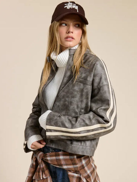 Washed Faux Leather Moto Jacket