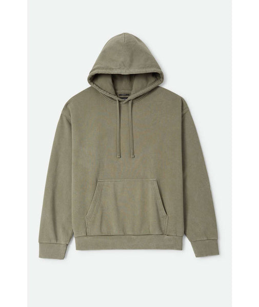A muted sage green pullover hoodie with a front kangaroo pocket and drawstrings, displayed flat against a light gray background.