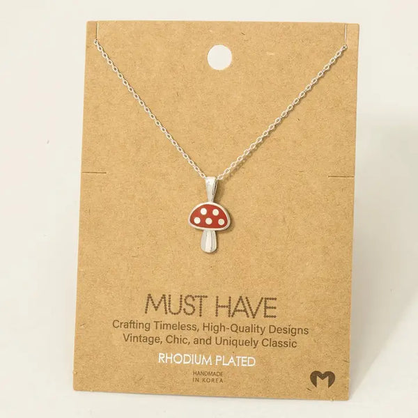 Red Mushroom Pendant Necklace-Silver