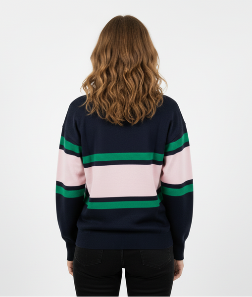 A long-sleeve knit sweater with horizontal stripes in navy blue, light pink, and green, displayed flat against a solid white background.