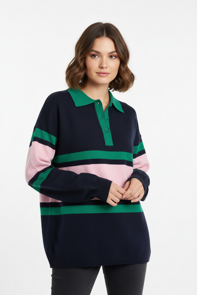A long-sleeve rugby-style polo shirt with horizontal stripes in navy blue, light pink, and green, featuring a three-button placket and ribbed cuffs.