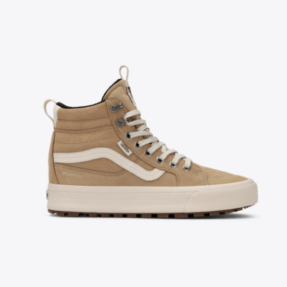 Beige high-top sneaker with white laces on a white background