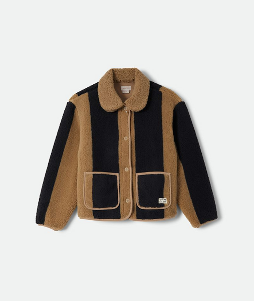 A cropped sherpa fleece jacket with a color-blocked design in tan and black, featuring a button-up front, a collar, and two front patch pockets, shown on a light gray background.