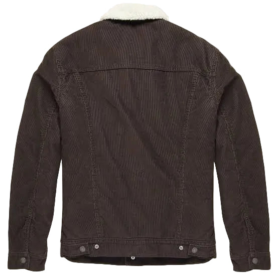 A dark brown corduroy jacket with a white sherpa collar, shown from the back against a light beige background.