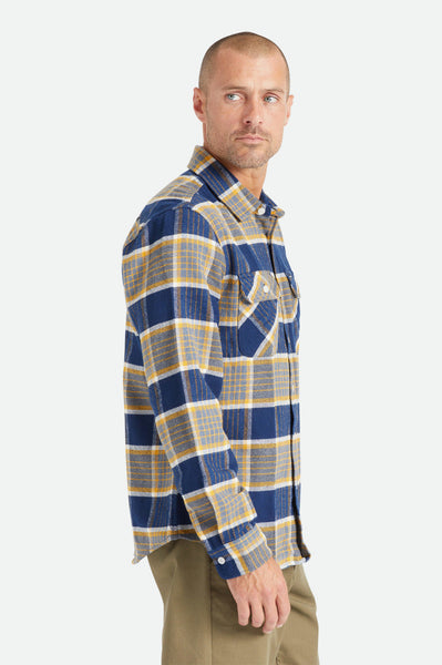 Brixton Men's Bowery Long Sleeve Flannel - Moonlit Ocean Bright Gold Off White