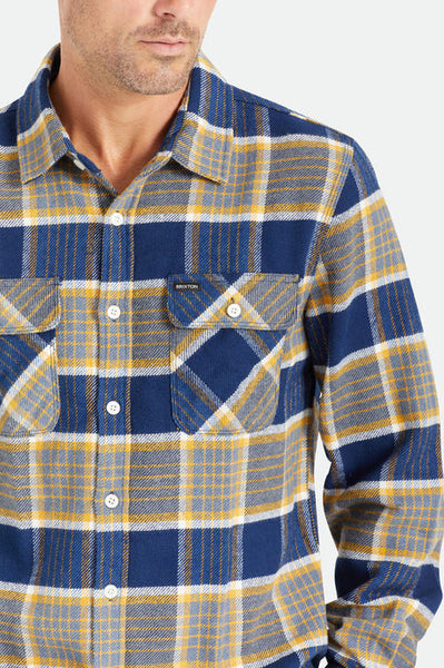 Brixton Men's Bowery Long Sleeve Flannel - Moonlit Ocean Bright Gold Off White